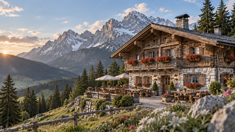 Gasthof Claudealm vor einem Alpenpanorama im warmen Abendlicht